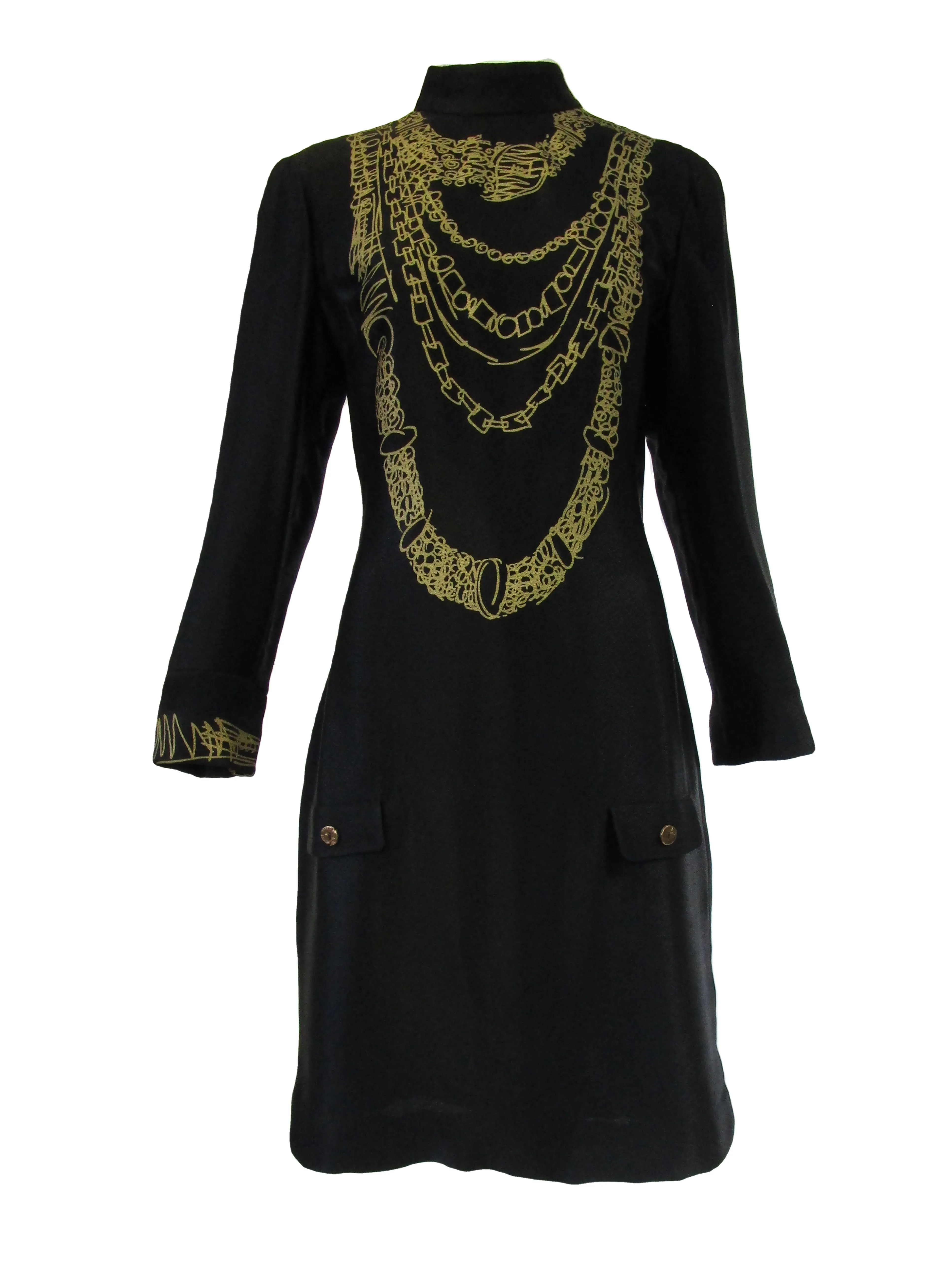 1990s Zandra Rhodes Black Silk Evening Dress With Gold Chain Print