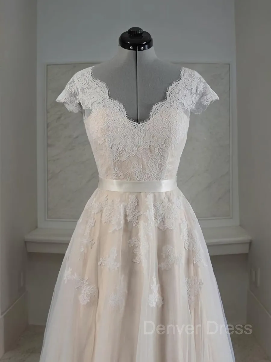 A-Line V-neck Floor-Length Lace Wedding Dresses With Appliques Lace