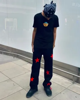 Aesthetic Y2K Harajuku Streetwear Wide Leg Hip Hop Straight Fit Start Graphic Printed Black Denim Jeans For Mens