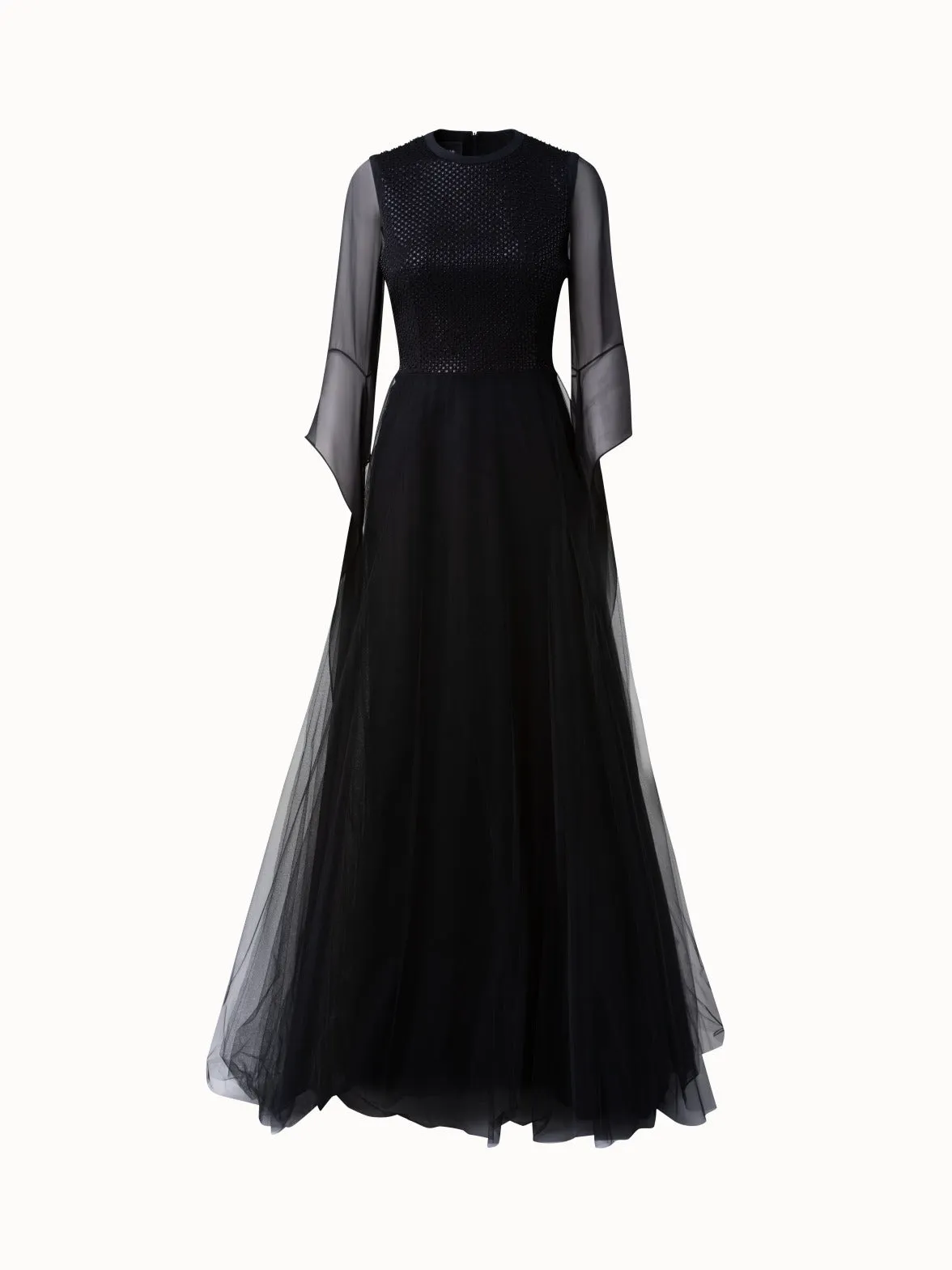 Beaded Tulle 3/4 Length Sleeve Gown