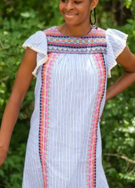 Blue Striped Embroidered Midi Dress - FINAL SALE
