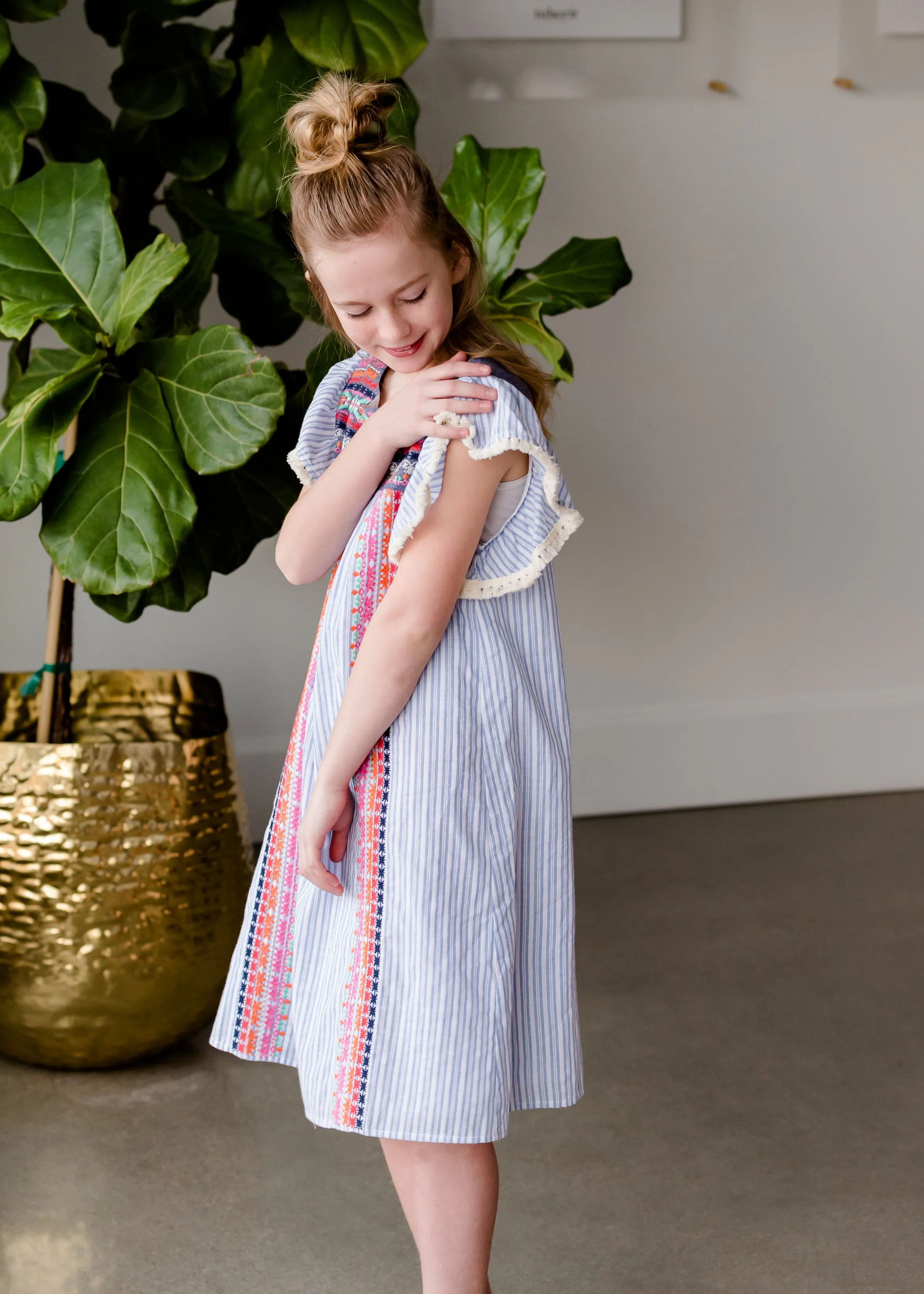 Blue Striped Embroidered Midi Dress - FINAL SALE