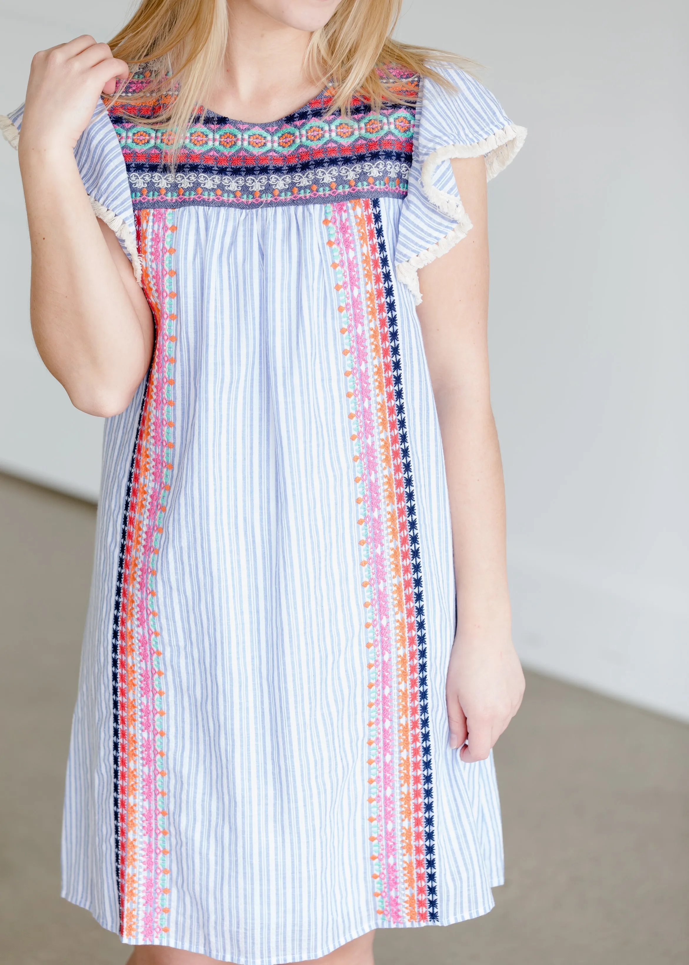 Blue Striped Embroidered Midi Dress - FINAL SALE