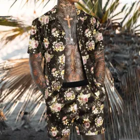 Casual Black and Brown Floral Print Beach Suit