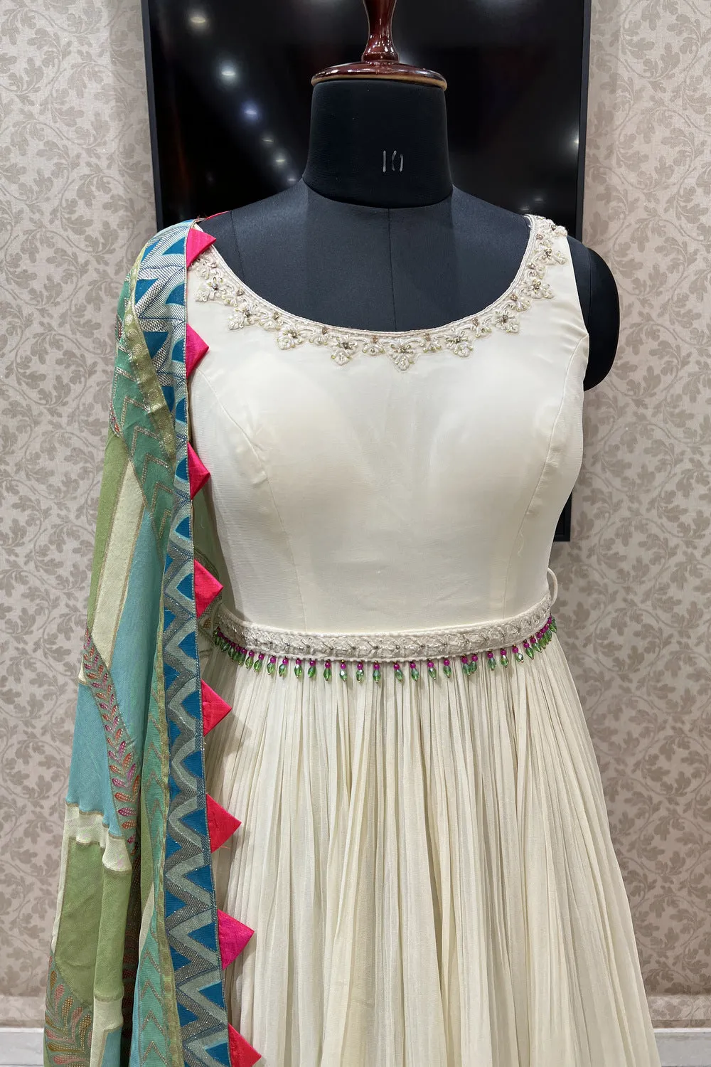 Cream Embroidery, Beads and Sequins work Floor Length Anarkali Suit