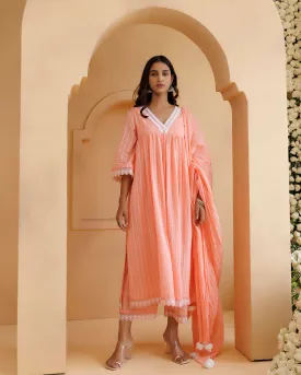 Ghazal Peach Lino Mul Gathered Lace Suit Set