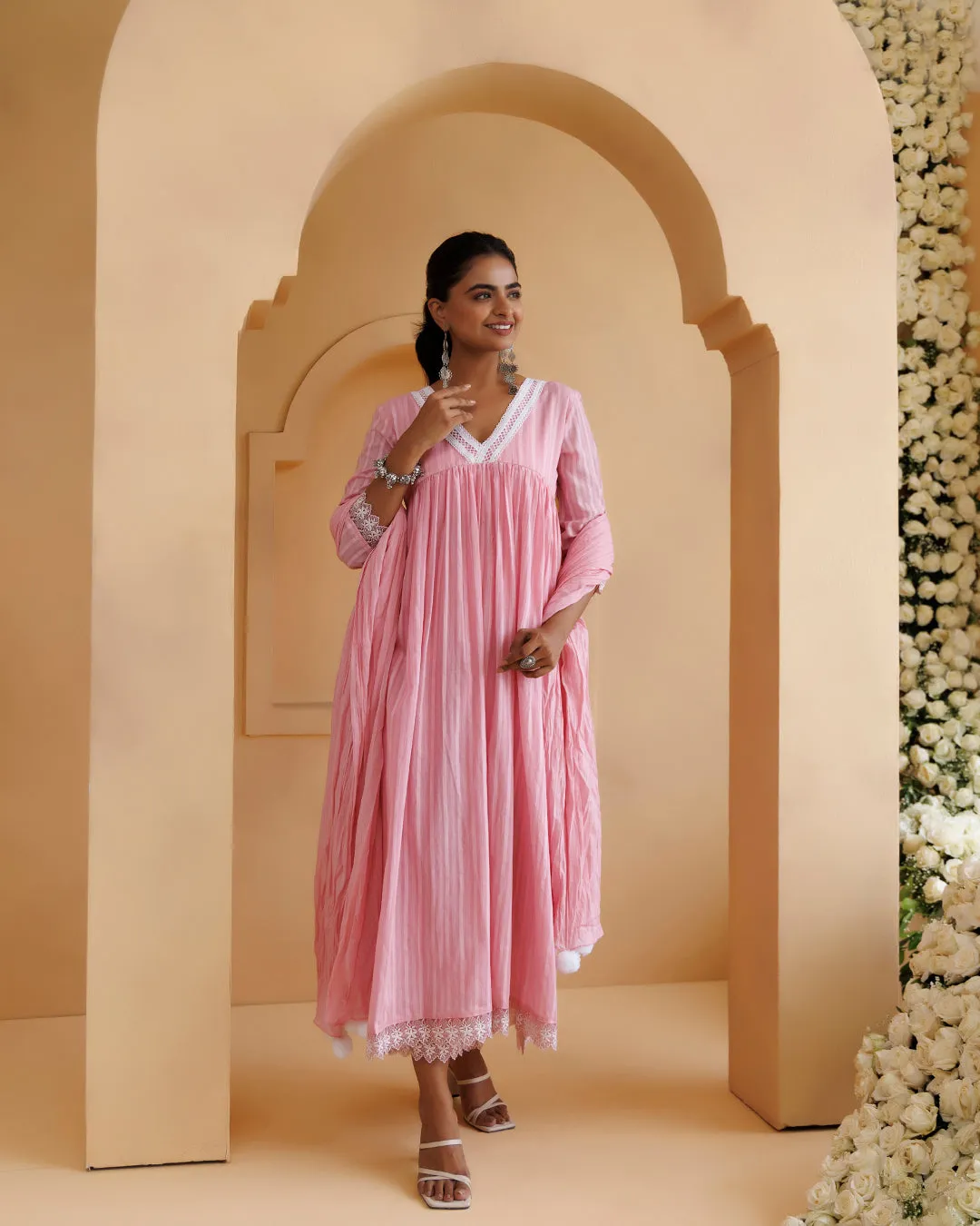 Ghazal Pink Lino Mul Gathered Lace Suit Set
