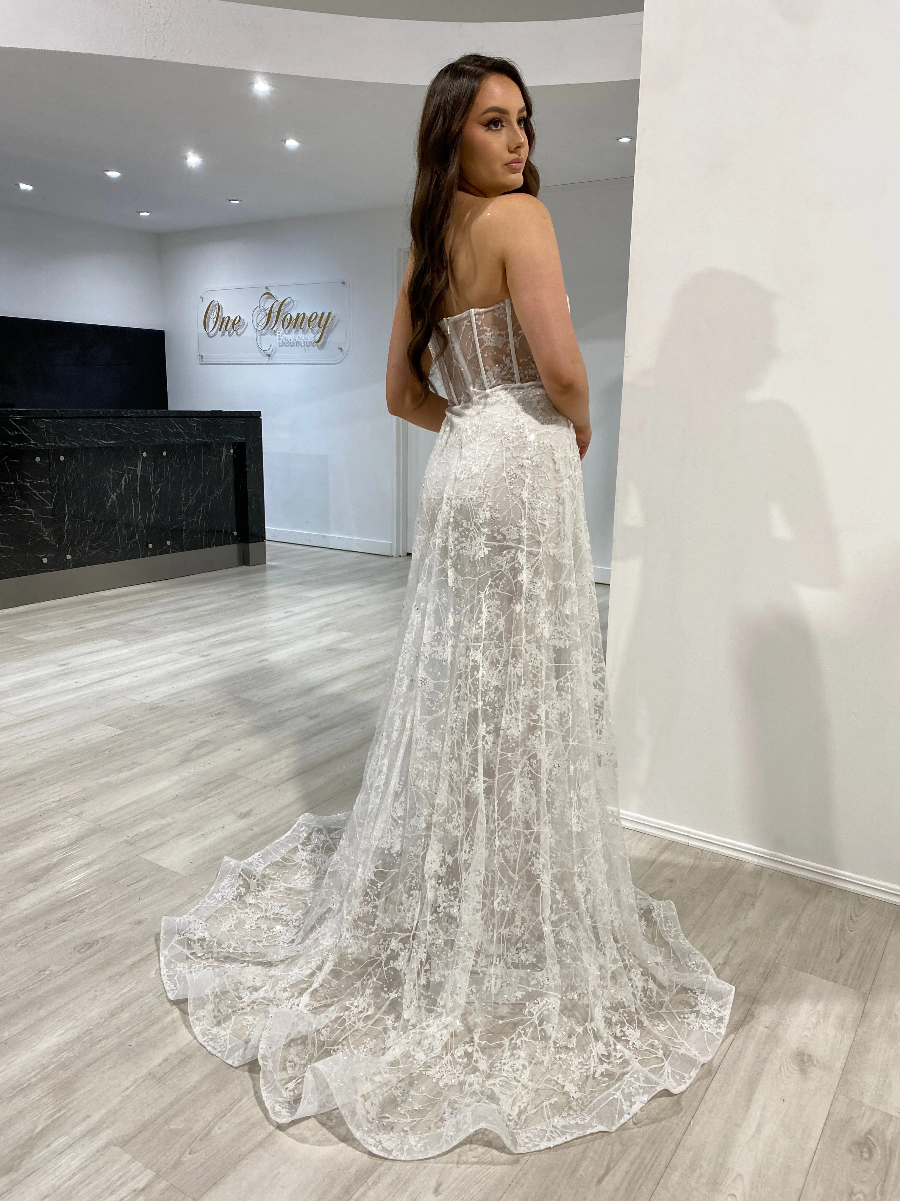 Honey Couture ASTRA Off White Strapless Corset Bridal Overskirt Formal Dress