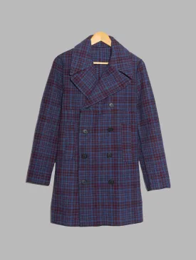Jean Colonna purple blue check knit pea coat with overlocked edges - S