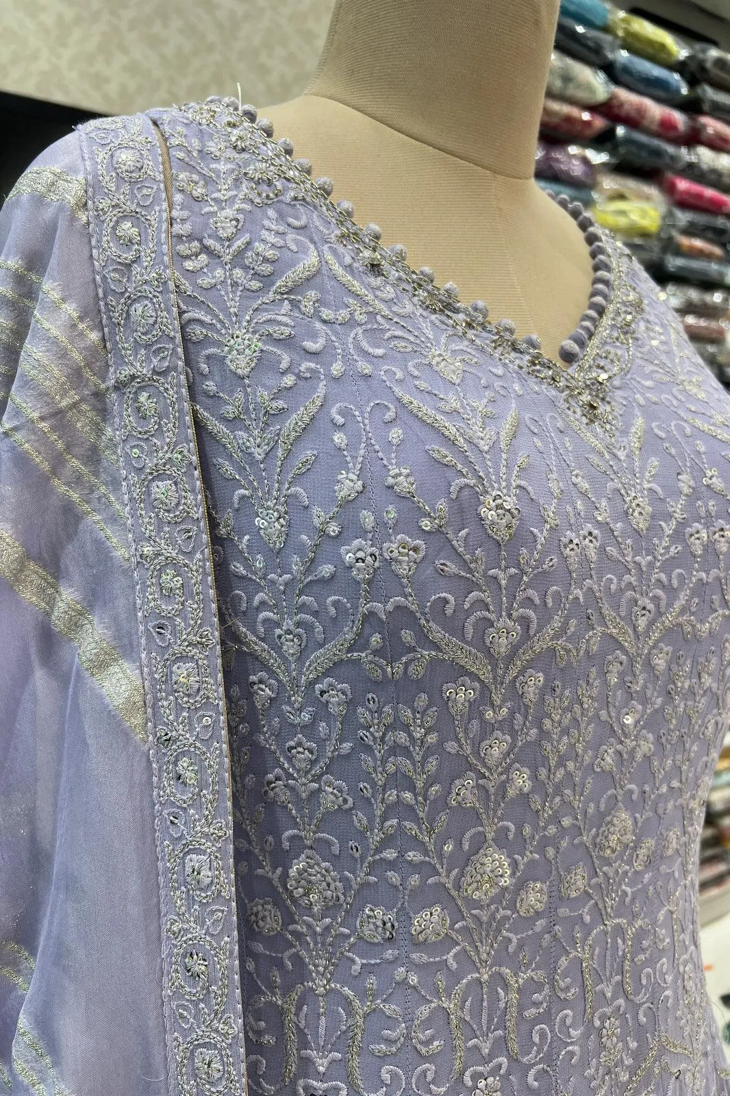 Lavender Lucknowi Thread, Sequins, Zari and Banaras work Floor Length Anarkali Suit