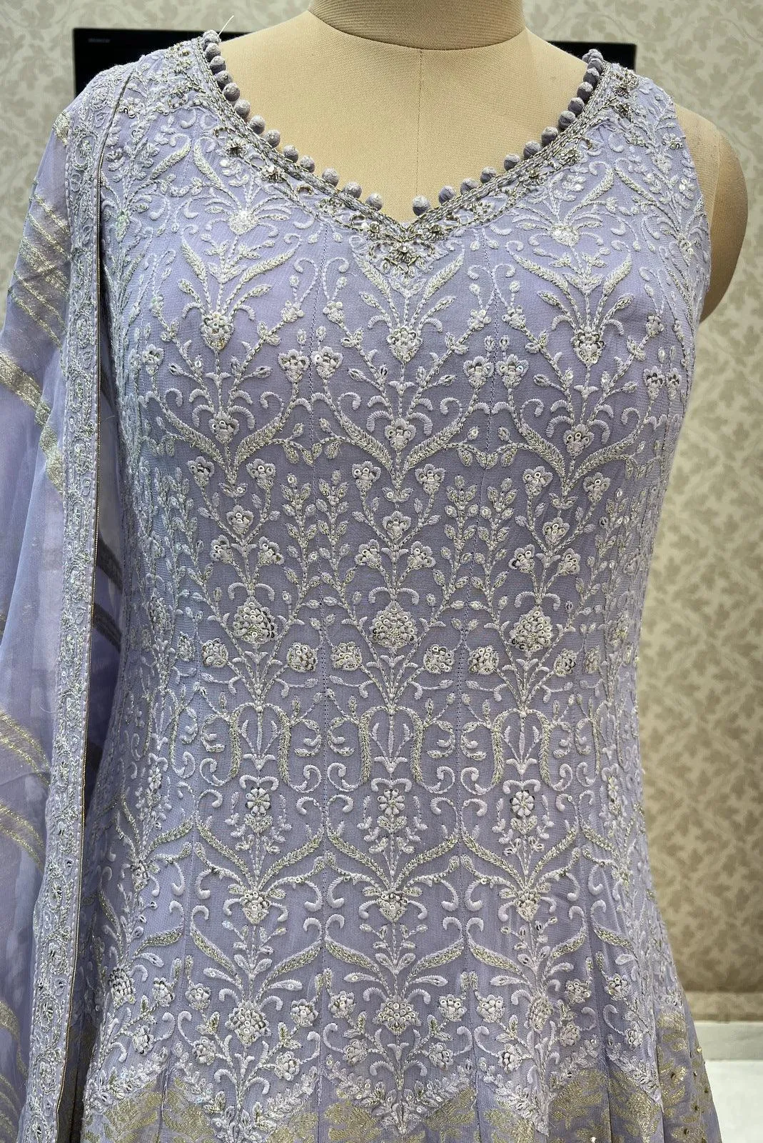 Lavender Lucknowi Thread, Sequins, Zari and Banaras work Floor Length Anarkali Suit