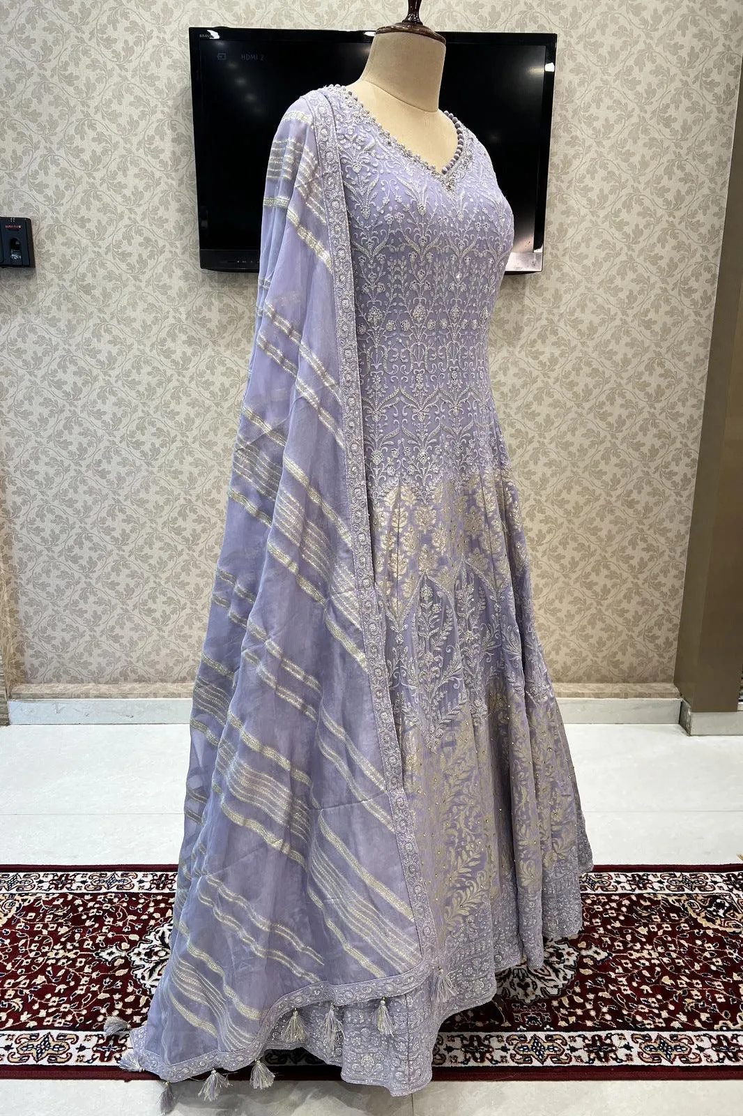 Lavender Lucknowi Thread, Sequins, Zari and Banaras work Floor Length Anarkali Suit
