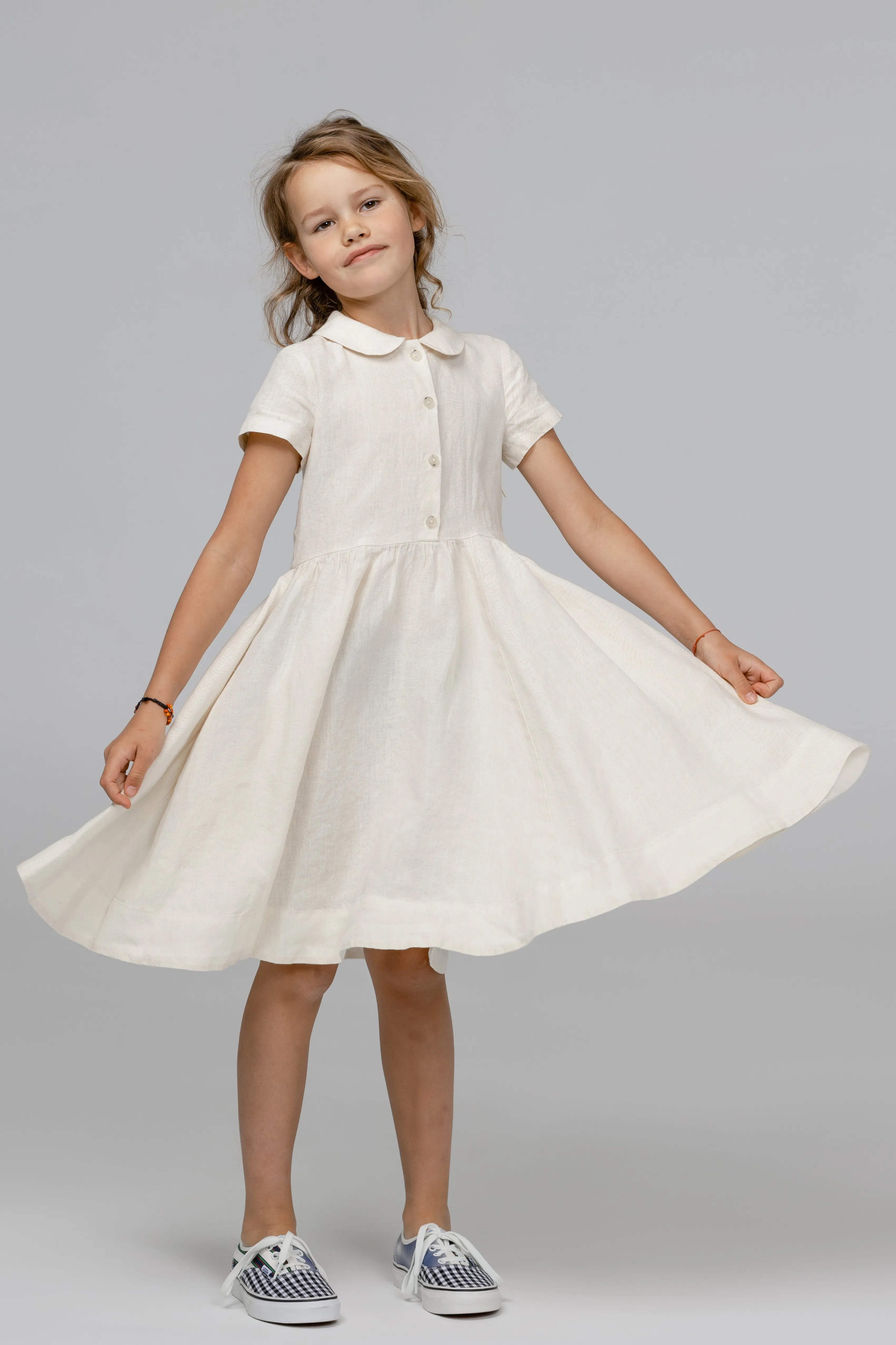 Mini Me Classic Dress, Short Sleeve, Linen, Milky White