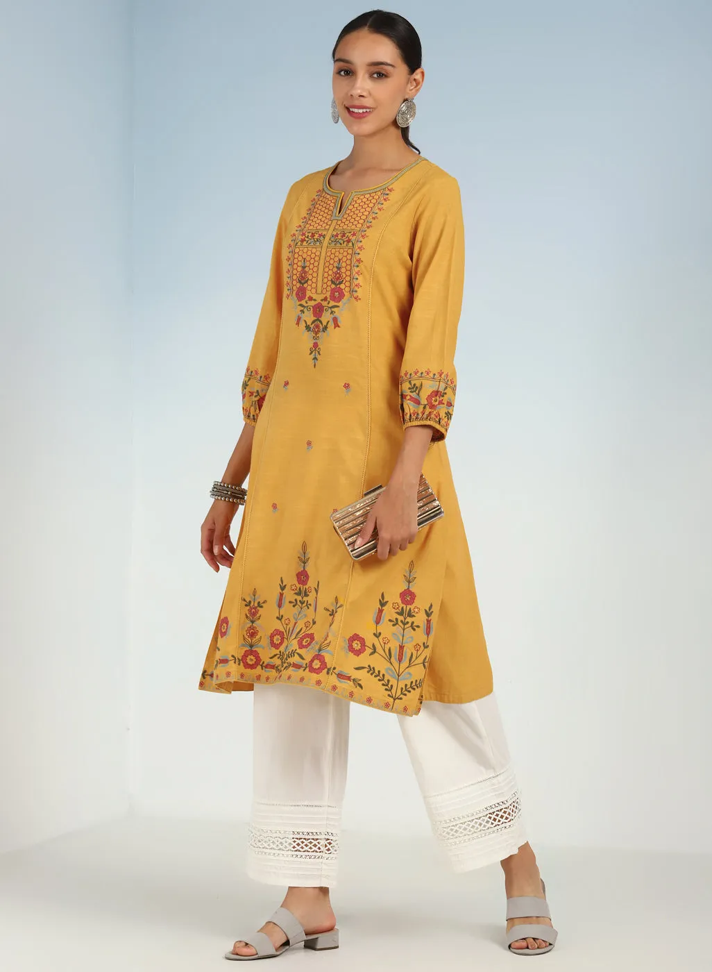 Mustard Solid Kurta Set for Women