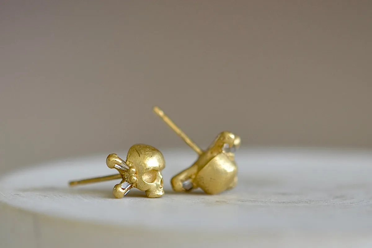 Small Skull & Bone Earrings with Baguette Diamonds