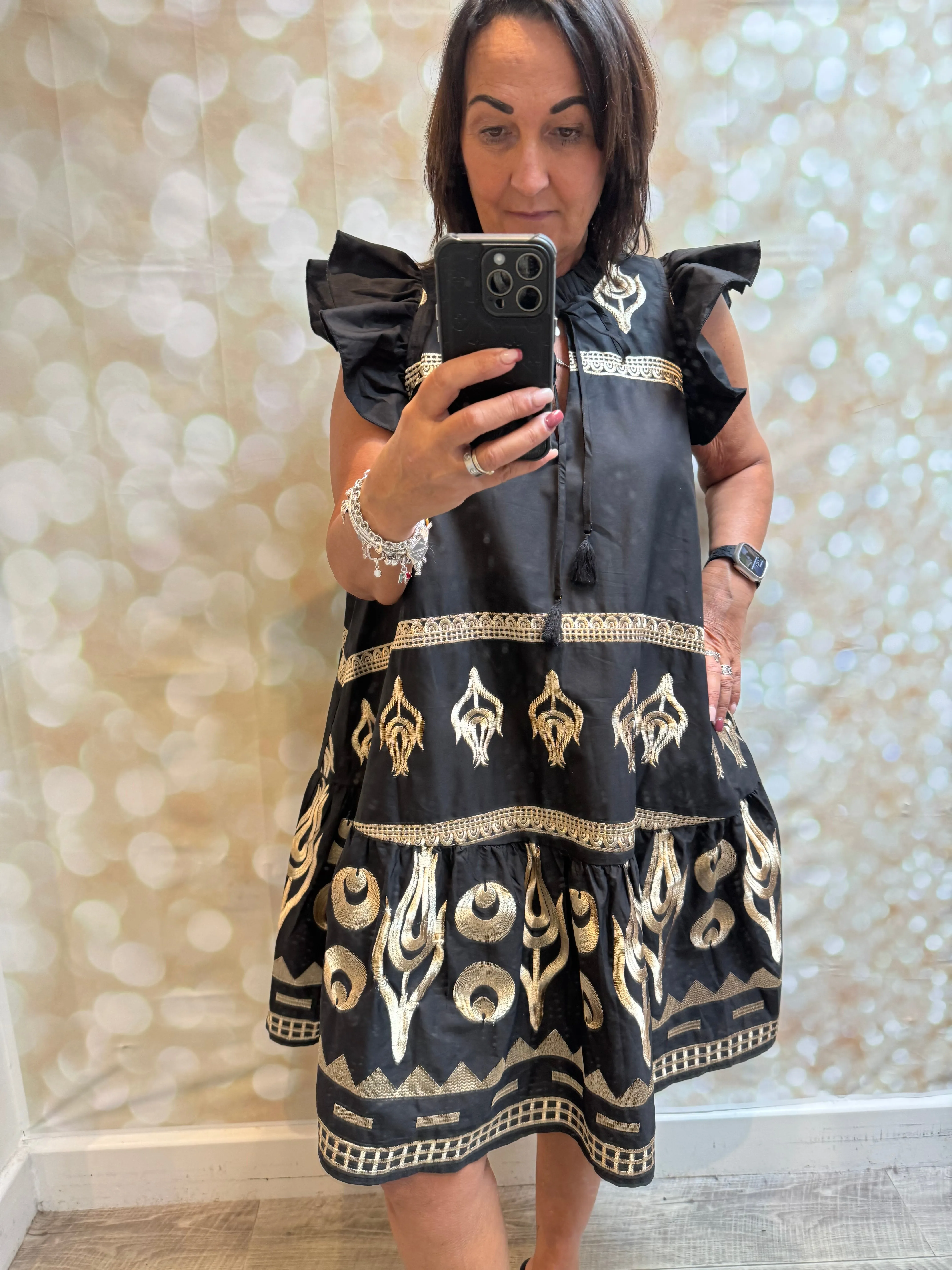 Studio Cotton Cap Sleeve Dress with Gold Stitching